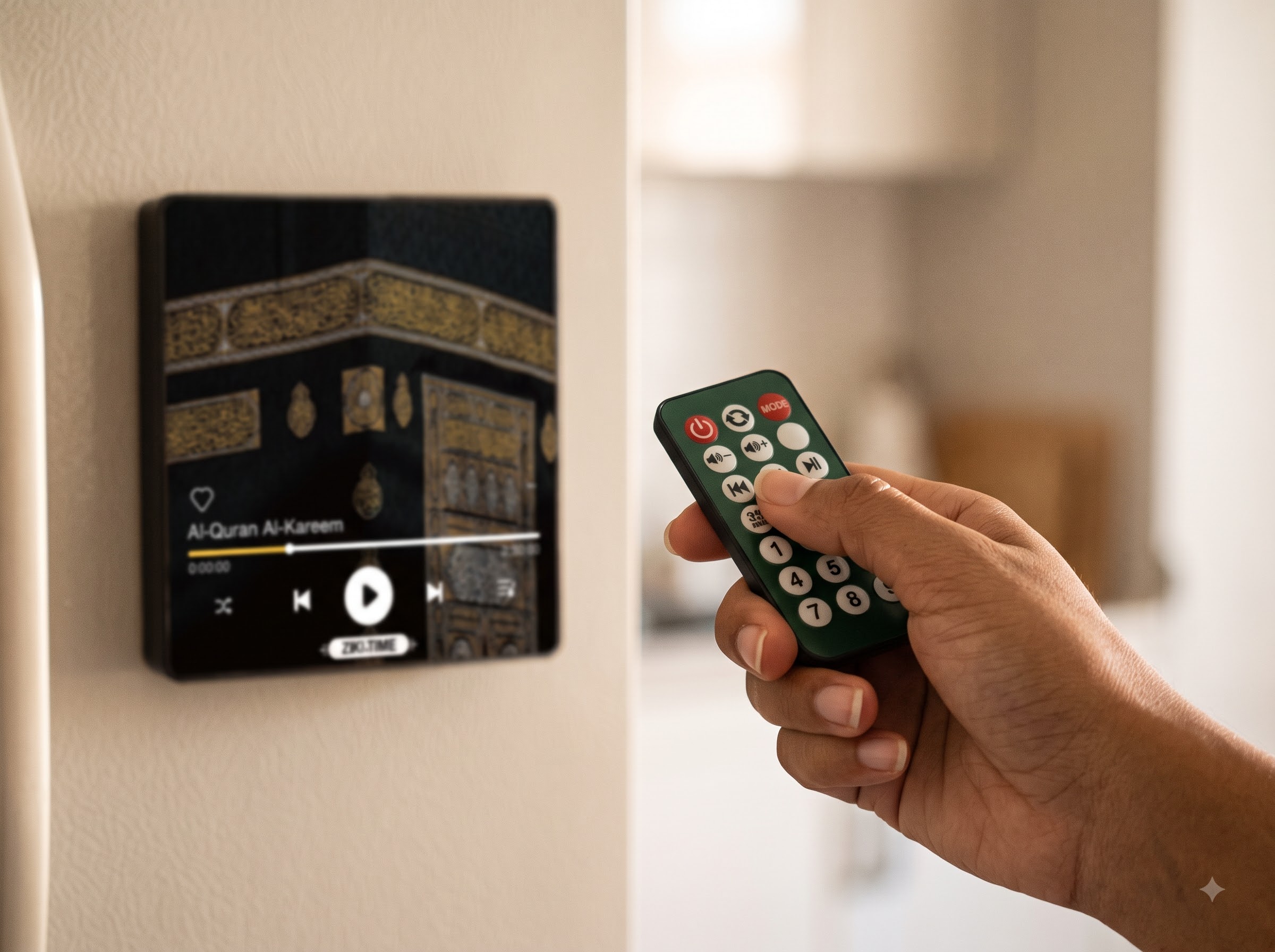 The included remote held in a hand